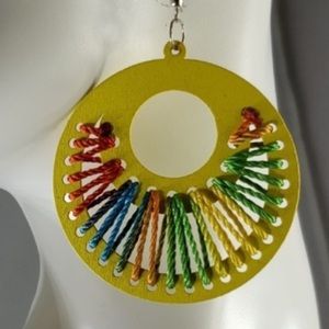 HANDMADE YELLOW MOON THREADED BALSA WOOD PIERCED EARRINGS